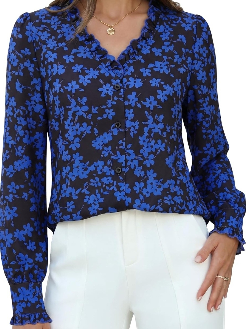 Grace Karin Black Blouse with Royal Blue Floral Print